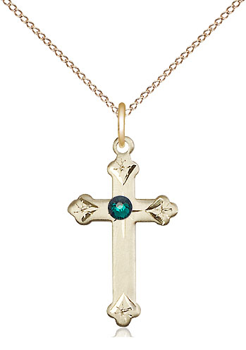 14kt Gold Filled Cross Pendant with a 3mm Emerald Swarovski stone on a 18 inch Gold Filled Light Curb chain
