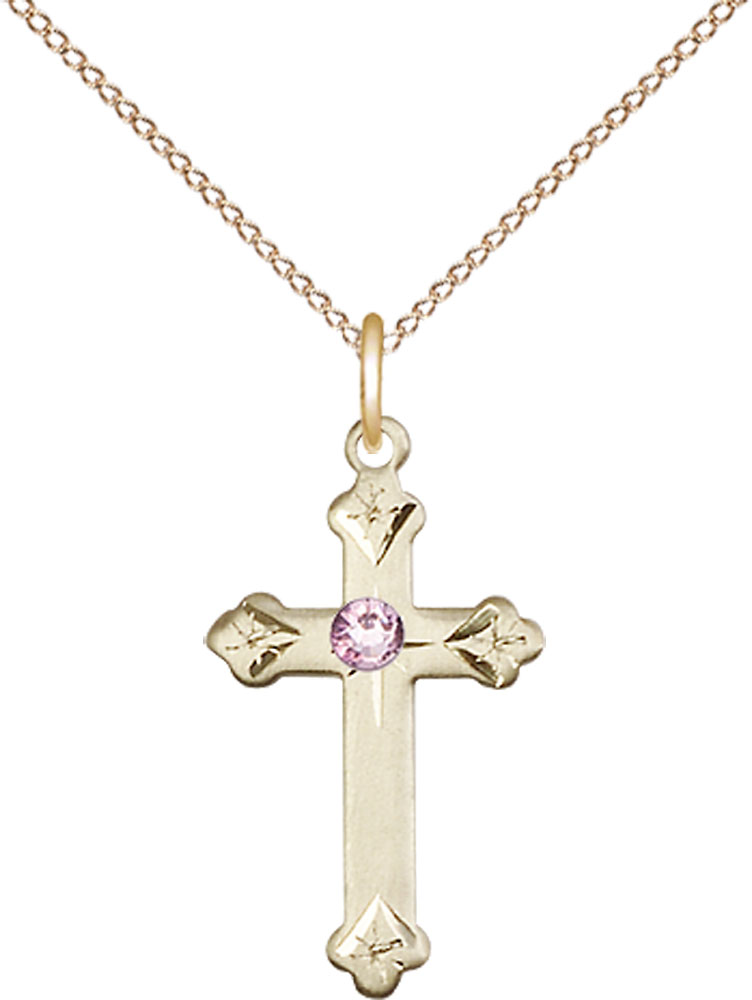 14kt Gold Filled Cross Pendant with a 3mm Light Amethyst Swarovski stone on a 18 inch Gold Filled Light Curb chain