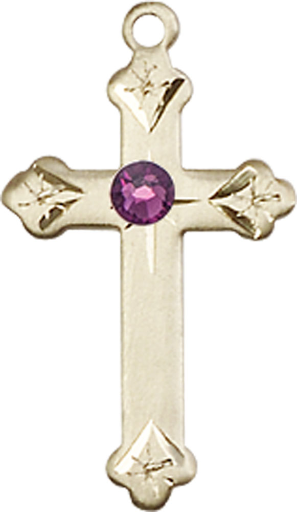 14kt Gold Cross Medal with a 3mm Amethyst Swarovski stone