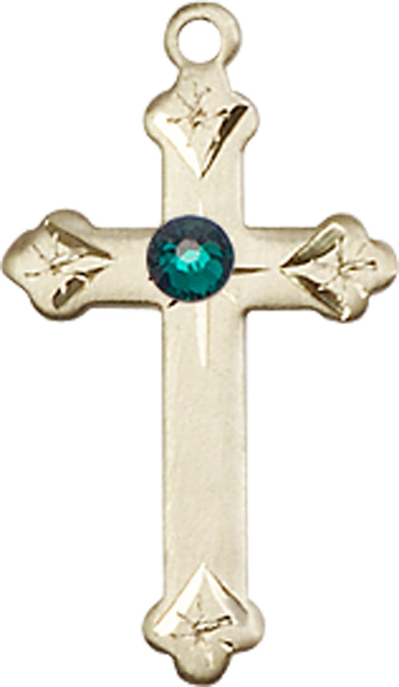 14kt Gold Cross Medal with a 3mm Emerald Swarovski stone