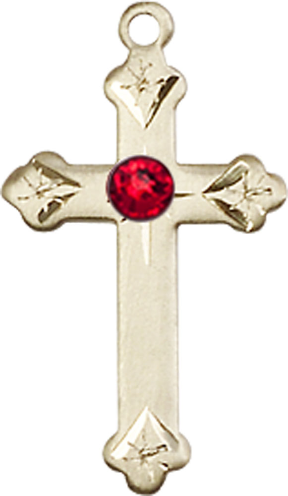 14kt Gold Cross Medal with a 3mm Ruby Swarovski stone