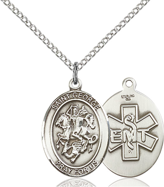 Sterling Silver Saint George EMT Pendant on a 18 inch Light Rhodium Light Curb chain