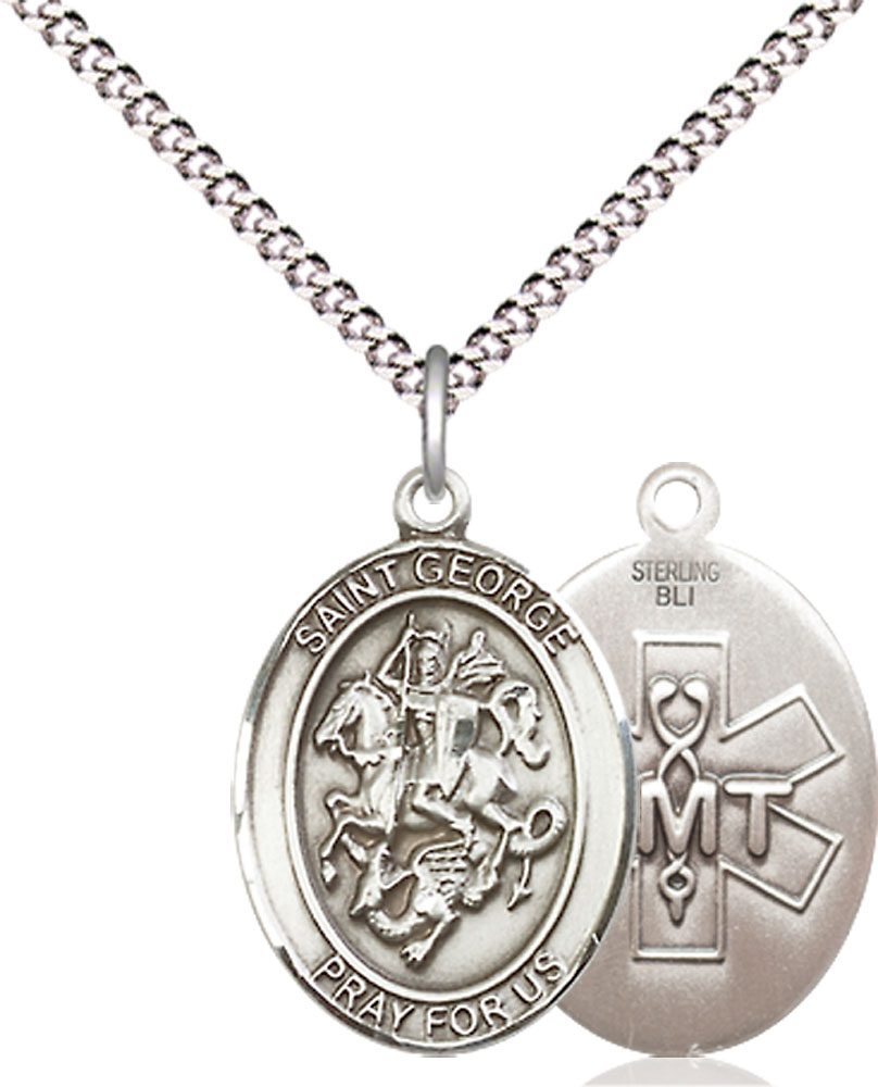 Sterling Silver Saint George EMT Pendant on a 18 inch Light Rhodium Light Curb chain