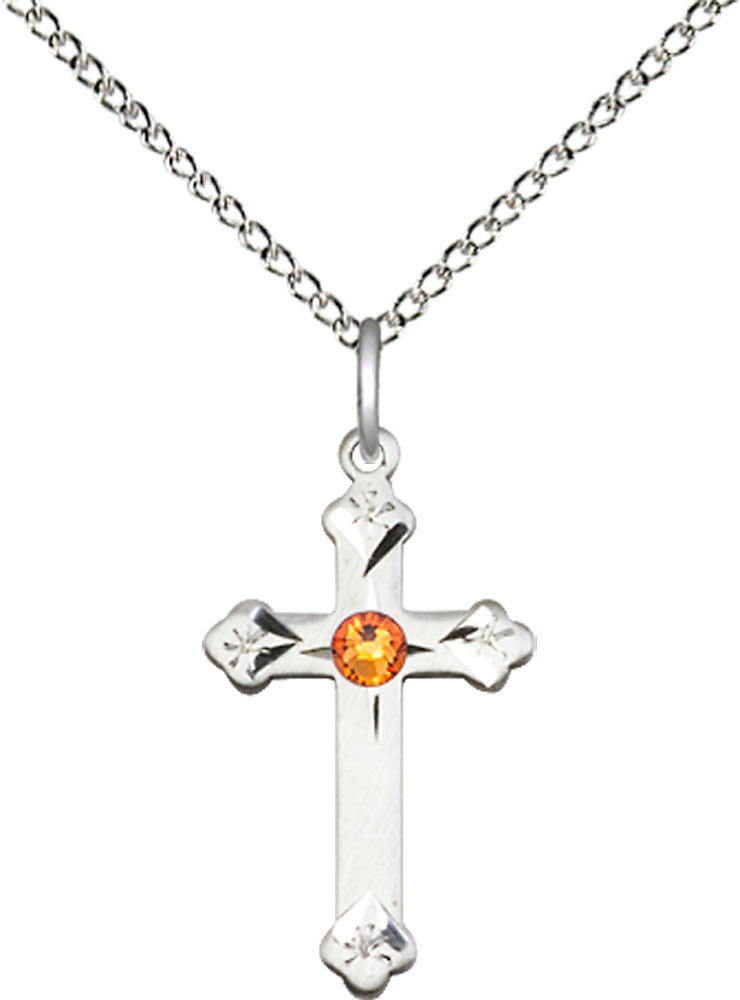 Sterling Silver Cross Pendant with a 3mm Topaz Swarovski stone on a 18 inch Sterling Silver Light Curb chain