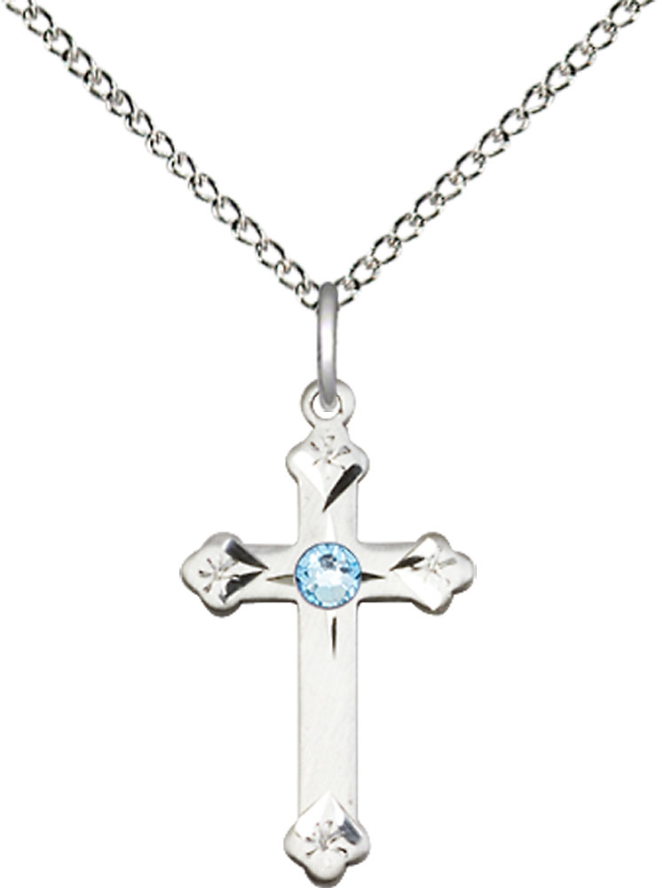 Sterling Silver Cross Pendant with a 3mm Aqua Swarovski stone on a 18 inch Sterling Silver Light Curb chain
