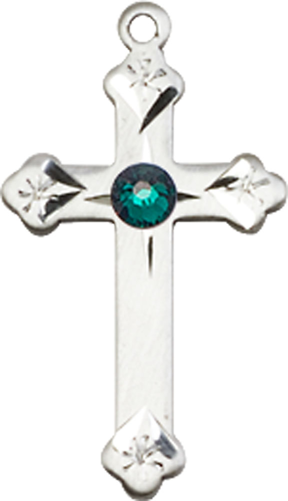 Sterling Silver Cross Medal with a 3mm Emerald Swarovski stone