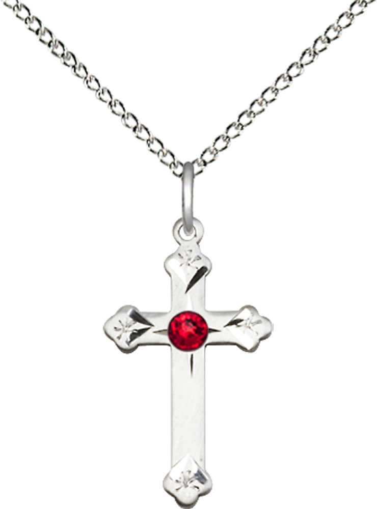 Sterling Silver Cross Pendant with a 3mm Ruby Swarovski stone on a 18 inch Sterling Silver Light Curb chain