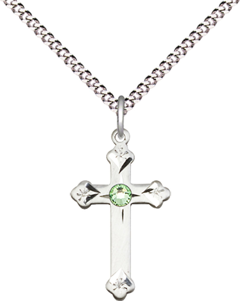 Sterling Silver Cross Pendant with a 3mm Peridot Swarovski stone on a 18 inch Light Rhodium Light Curb chain