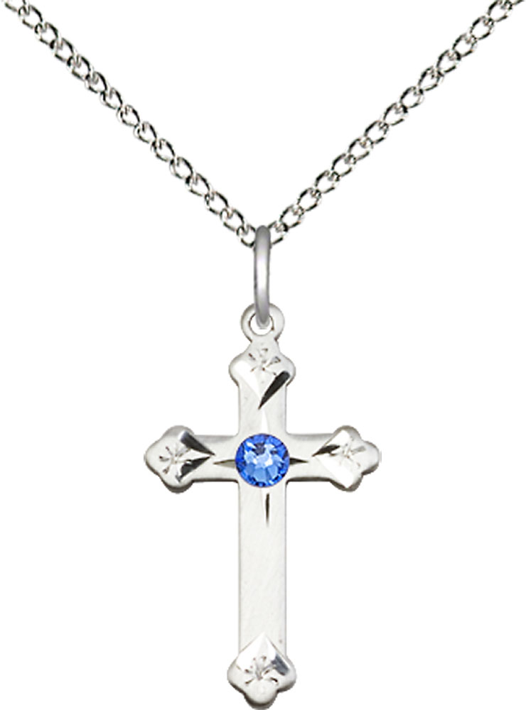 Sterling Silver Cross Pendant with a 3mm Sapphire Swarovski stone on a 18 inch Sterling Silver Light Curb chain