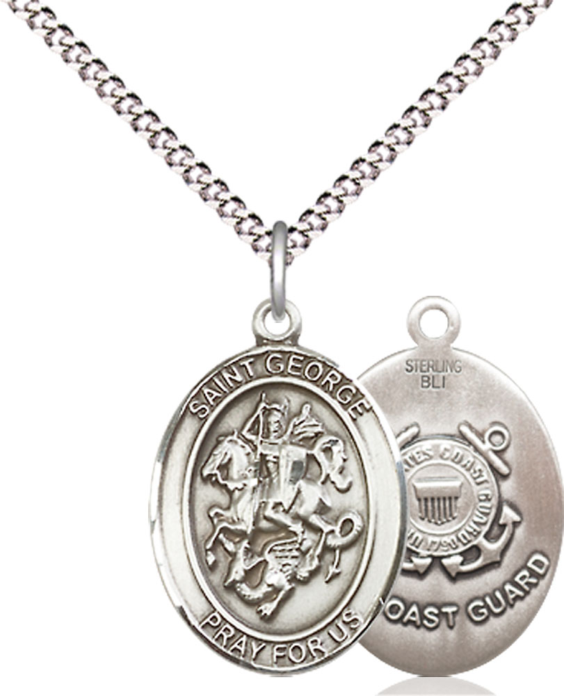 Sterling Silver Saint George Coast Guard Pendant on a 18 inch Light Rhodium Light Curb chain