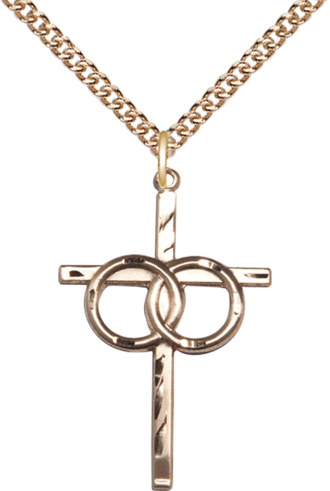 14kt Gold Filled Wedding Rings Cross Pendant on a 24 inch Gold Filled Heavy Curb chain