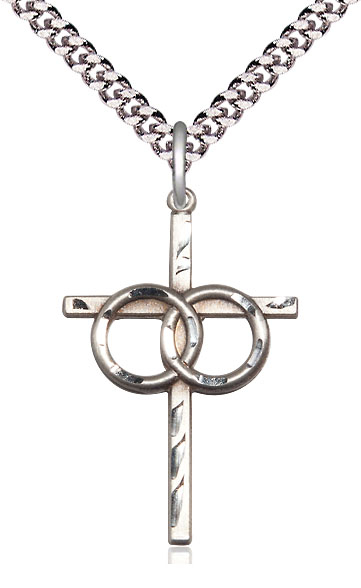 Sterling Silver Wedding Rings Cross Pendant on a 24 inch Light Rhodium Heavy Curb chain