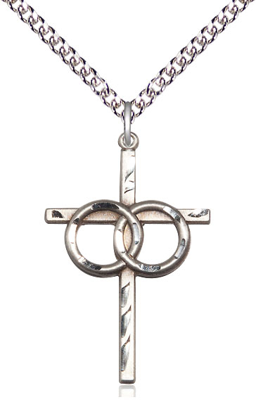 Sterling Silver Wedding Rings Cross Pendant on a 24 inch Sterling Silver Heavy Curb chain