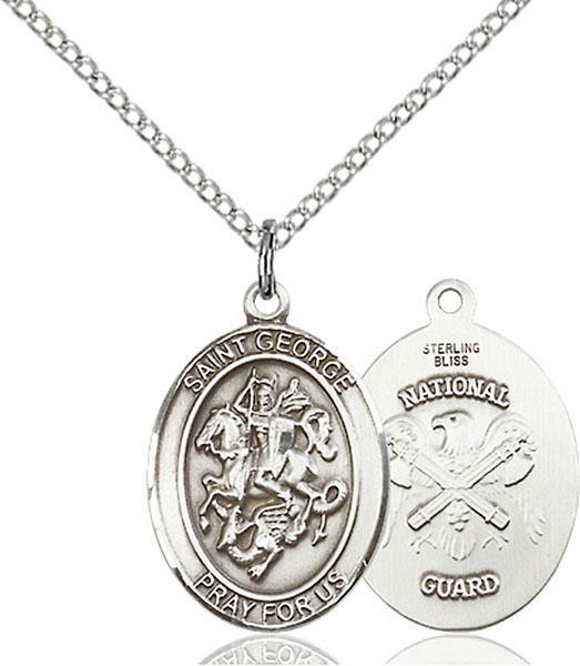 Sterling Silver Saint George National Guard Pendant on a 18 inch Light Rhodium Light Curb chain