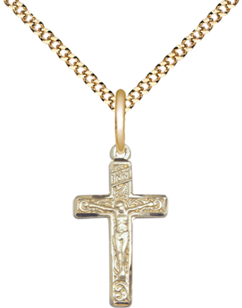 14kt Gold Filled Crucifix Pendant on a 18 inch Gold Plate Light Curb chain