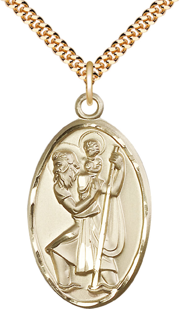 14kt Gold Filled Saint Christopher Pendant on a 24 inch Gold Plate Heavy Curb chain