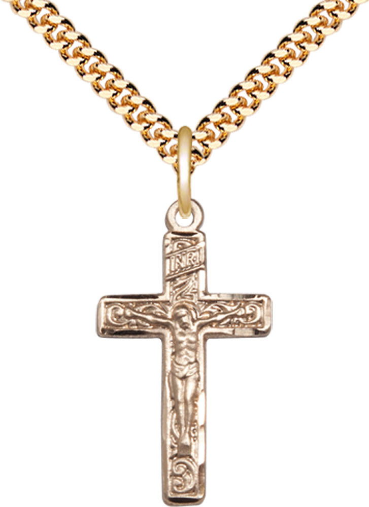 14kt Gold Filled Crucifix Pendant on a 24 inch Gold Plate Heavy Curb chain