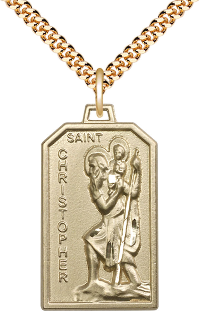 14kt Gold Filled Saint Christopher Pendant on a 24 inch Gold Plate Heavy Curb chain