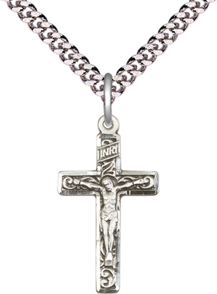 Sterling Silver Crucifix Pendant on a 24 inch Light Rhodium Heavy Curb chain