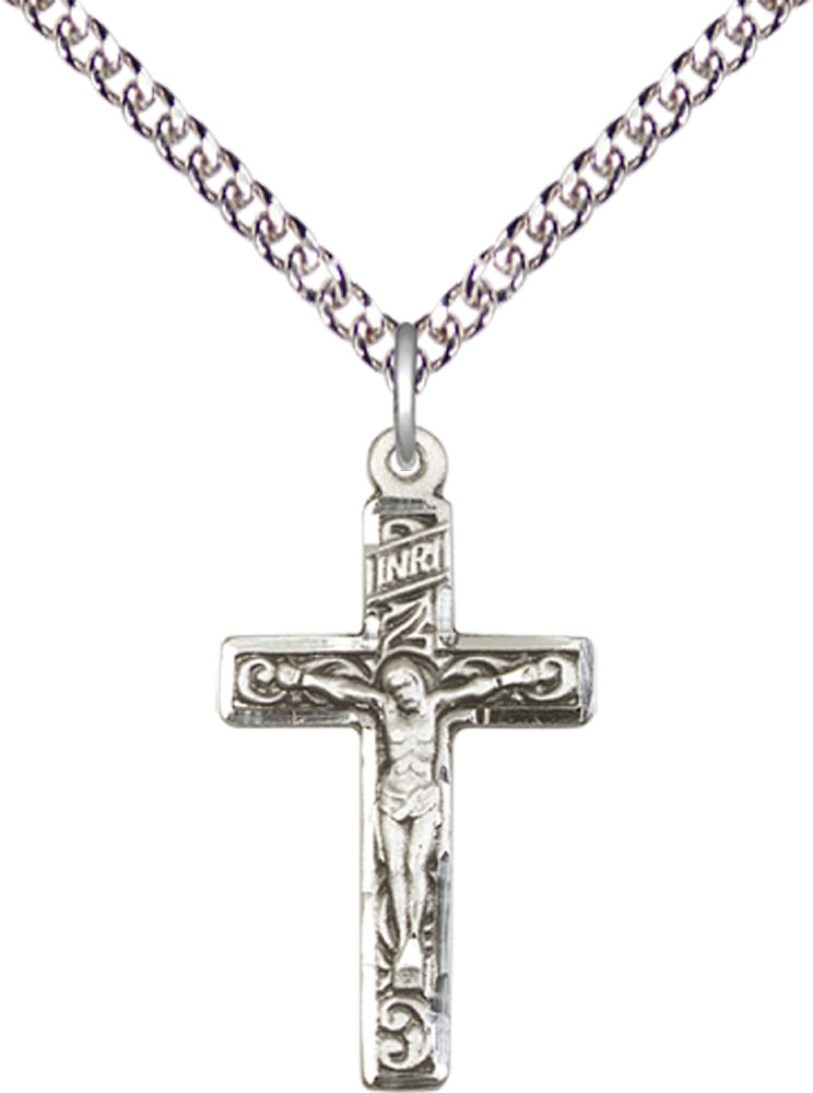 Sterling Silver Crucifix Pendant on a 24 inch Sterling Silver Heavy Curb chain