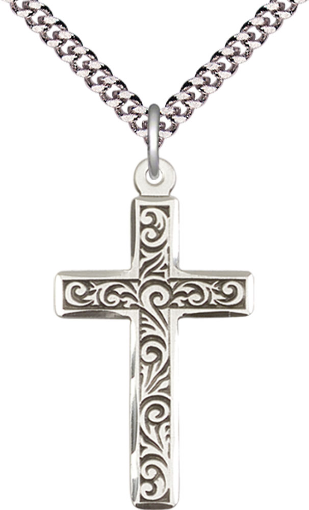Sterling Silver Cross Pendant on a 24 inch Light Rhodium Heavy Curb chain