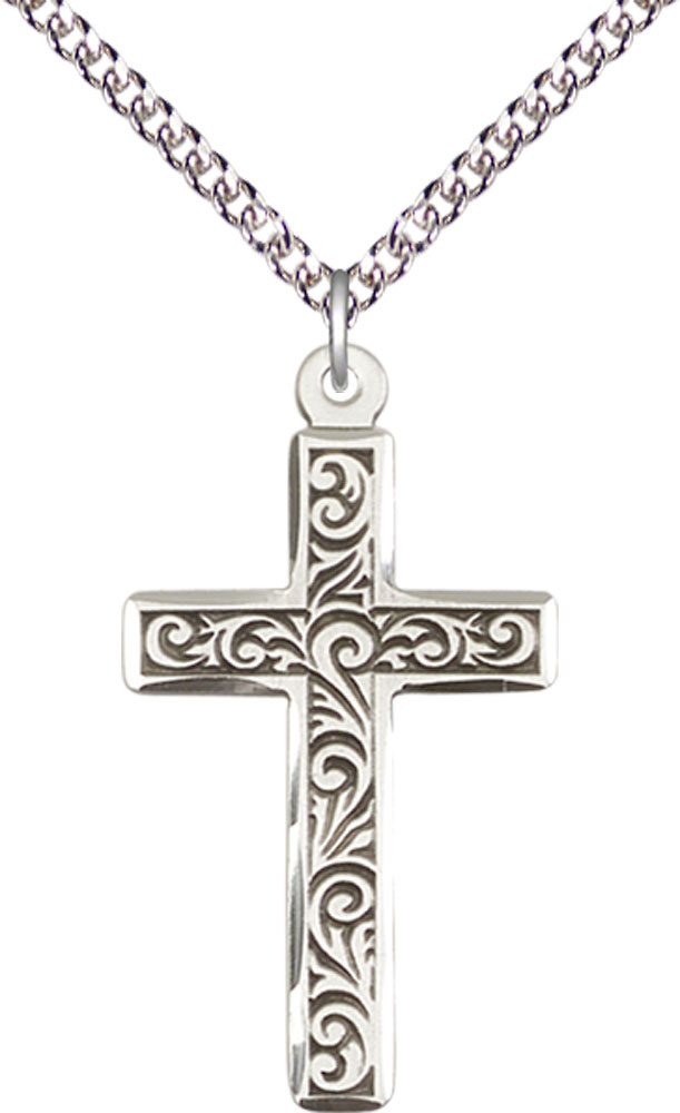 Sterling Silver Cross Pendant on a 24 inch Sterling Silver Heavy Curb chain