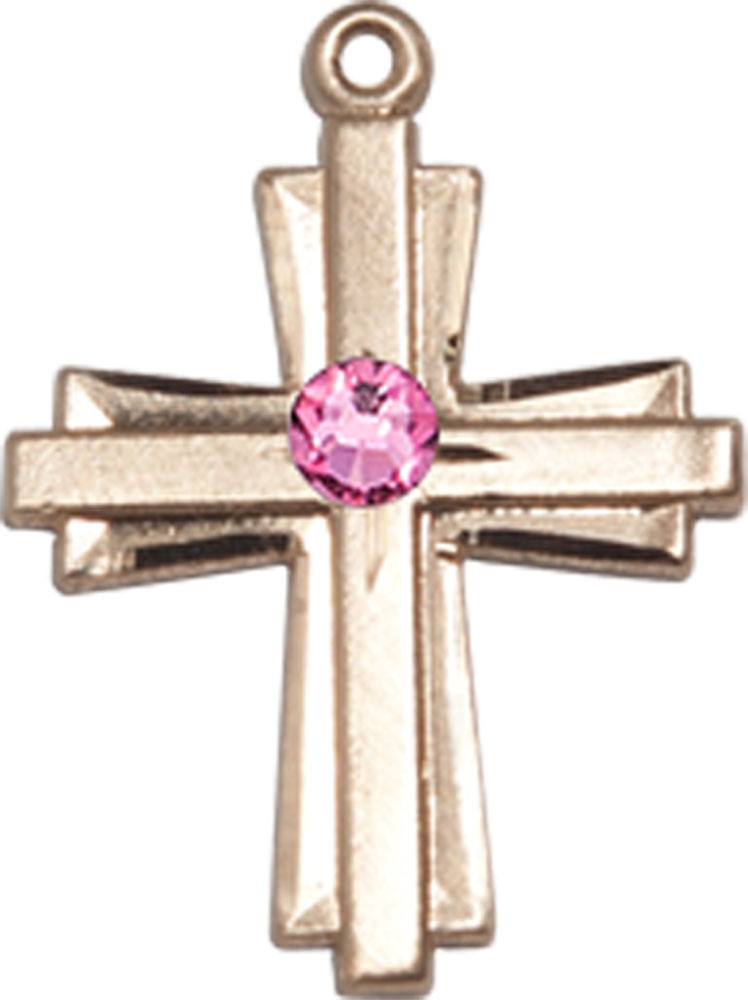 14kt Gold Filled Cross Medal with a 3mm Rose Swarovski stone