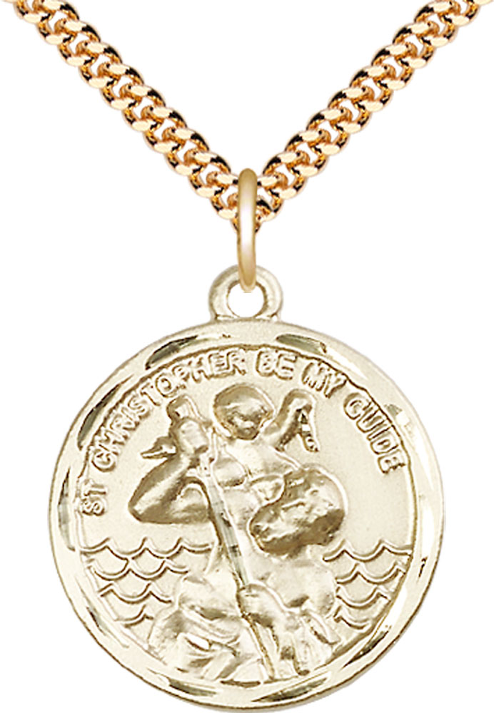 14kt Gold Filled Saint Christopher Pendant on a 24 inch Gold Plate Heavy Curb chain