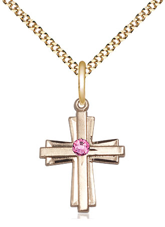 14kt Gold Filled Cross Pendant with a 3mm Rose Swarovski stone on a 18 inch Gold Plate Light Curb chain