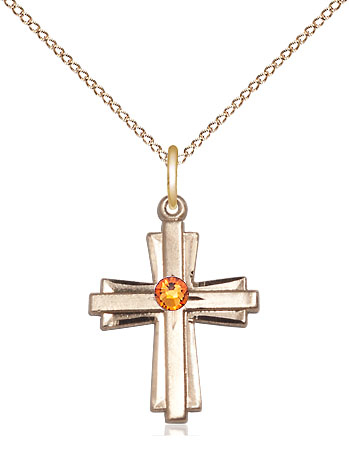 14kt Gold Filled Cross Pendant with a 3mm Topaz Swarovski stone on a 18 inch Gold Filled Light Curb chain