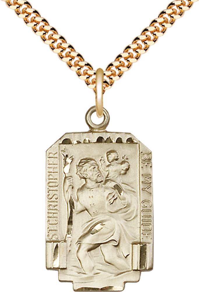 14kt Gold Filled Saint Christopher Pendant on a 24 inch Gold Plate Heavy Curb chain