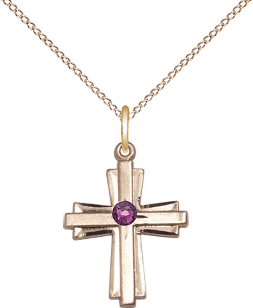 14kt Gold Filled Cross Pendant with a 3mm Amethyst Swarovski stone on a 18 inch Gold Filled Light Curb chain