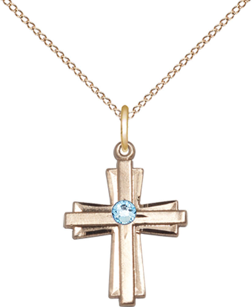 14kt Gold Filled Cross Pendant with a 3mm Aqua Swarovski stone on a 18 inch Gold Filled Light Curb chain