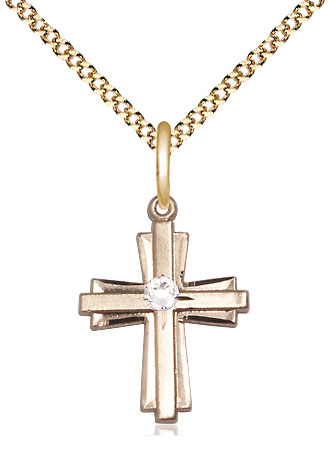 14kt Gold Filled Cross Pendant with a 3mm Crystal Swarovski stone on a 18 inch Gold Plate Light Curb chain