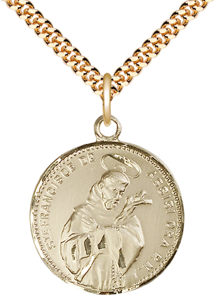14kt Gold Filled Saint Francis of Assisi Pendant on a 24 inch Gold Plate Heavy Curb chain