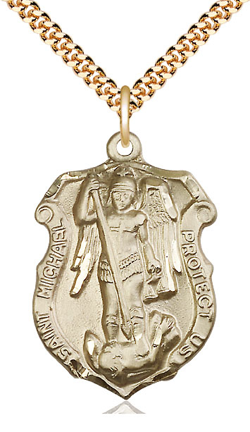 14kt Gold Filled Saint Michael the Archangel Shield Pendant on a 24 inch Gold Plate Heavy Curb chain