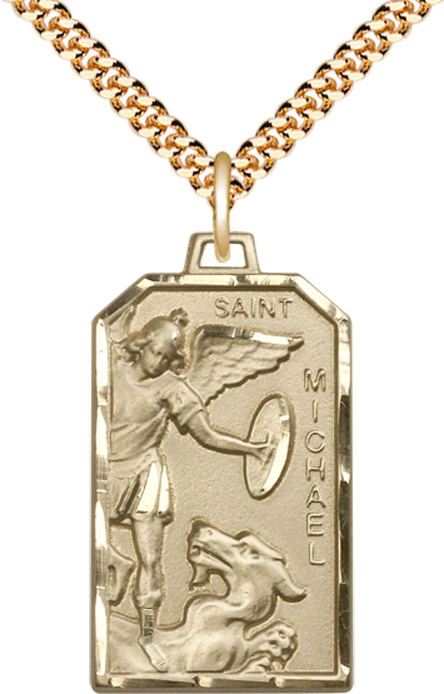 14kt Gold Filled Saint Michael the Archangel Pendant on a 24 inch Gold Plate Heavy Curb chain