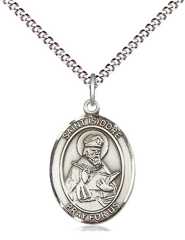 Sterling Silver Saint Isidore of Seville Pendant on a 18 inch Light Rhodium Light Curb chain
