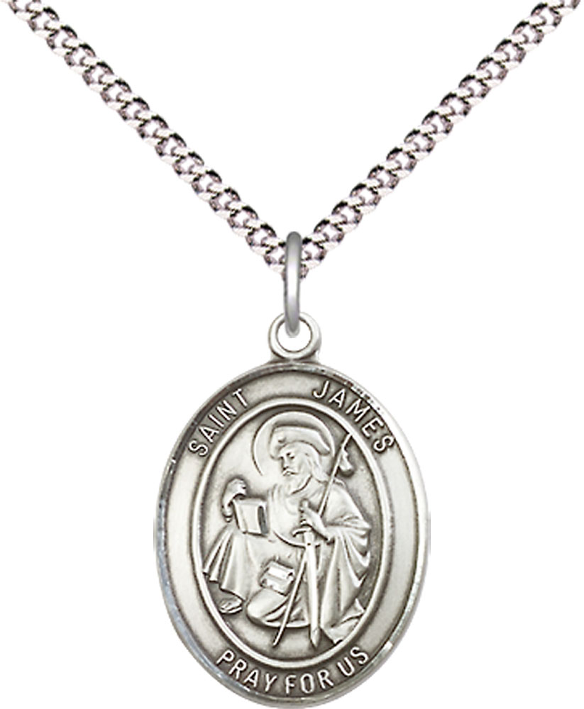 Sterling Silver Saint James the Greater Pendant on a 18 inch Light Rhodium Light Curb chain