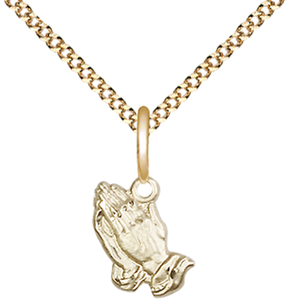 14kt Gold Filled Praying Hands Pendant on a 18 inch Gold Plate Light Curb chain