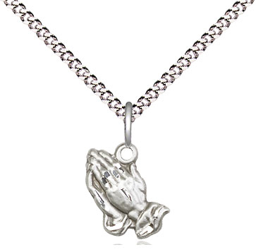 Sterling Silver Praying Hands Pendant on a 18 inch Light Rhodium Light Curb chain