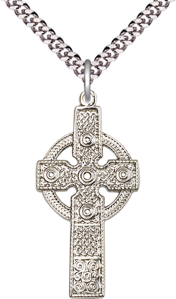 Sterling Silver Kilklispeen Cross Pendant on a 24 inch Light Rhodium Heavy Curb chain