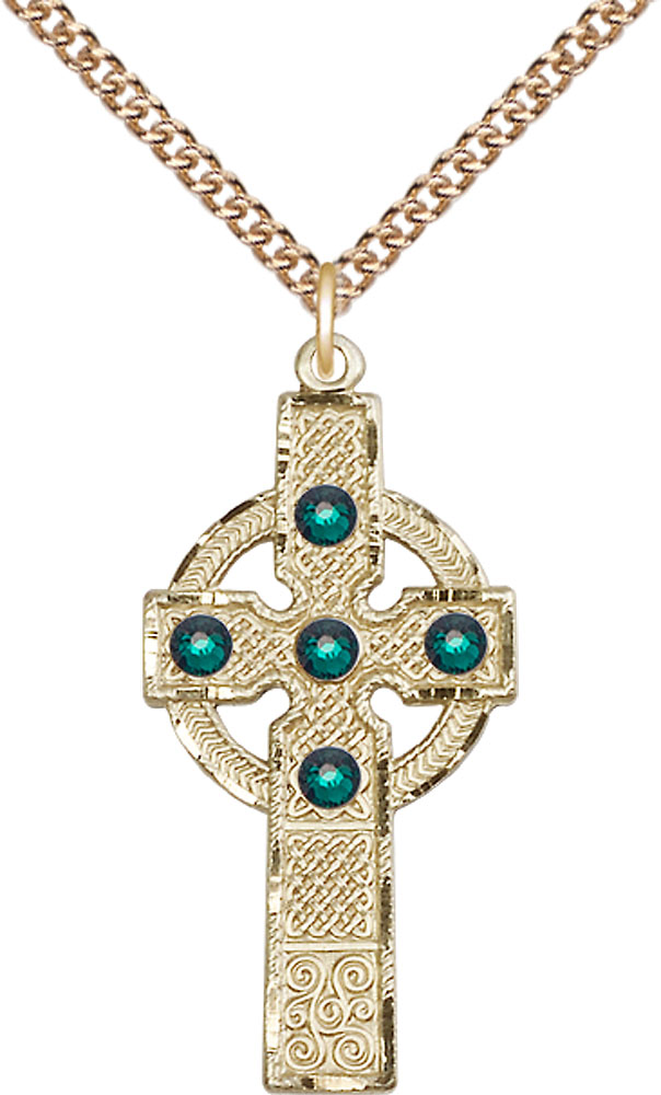 14kt Gold Filled Kilklispeen Cross w/ Emerald Stone Pendant with a 3mm Emerald Swarovski stone on a 24 inch Gold Filled Heavy Curb chain