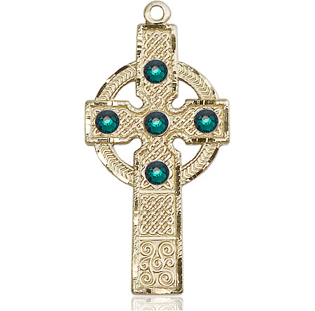 14kt Gold Kilklispeen Cross w/ Emerald Stone Medal with a 3mm Emerald Swarovski stone