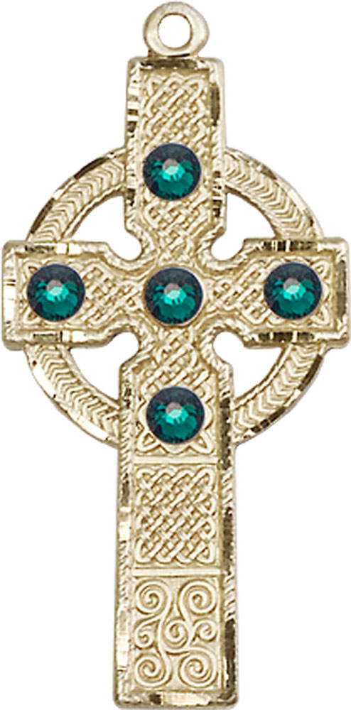 14kt Gold Kilklispeen Cross w/ Emerald Stone Medal with a 3mm Emerald Swarovski stone