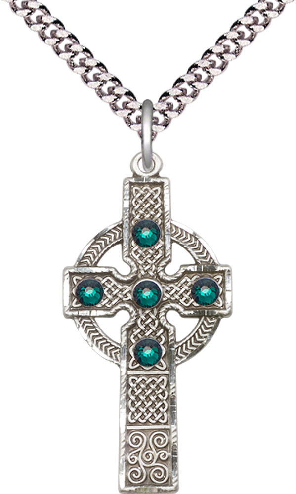 Sterling Silver Kilklispeen Cross w/ Emerald Stone Pendant with a 3mm Emerald Swarovski stone on a 24 inch Light Rhodium Heavy Curb chain