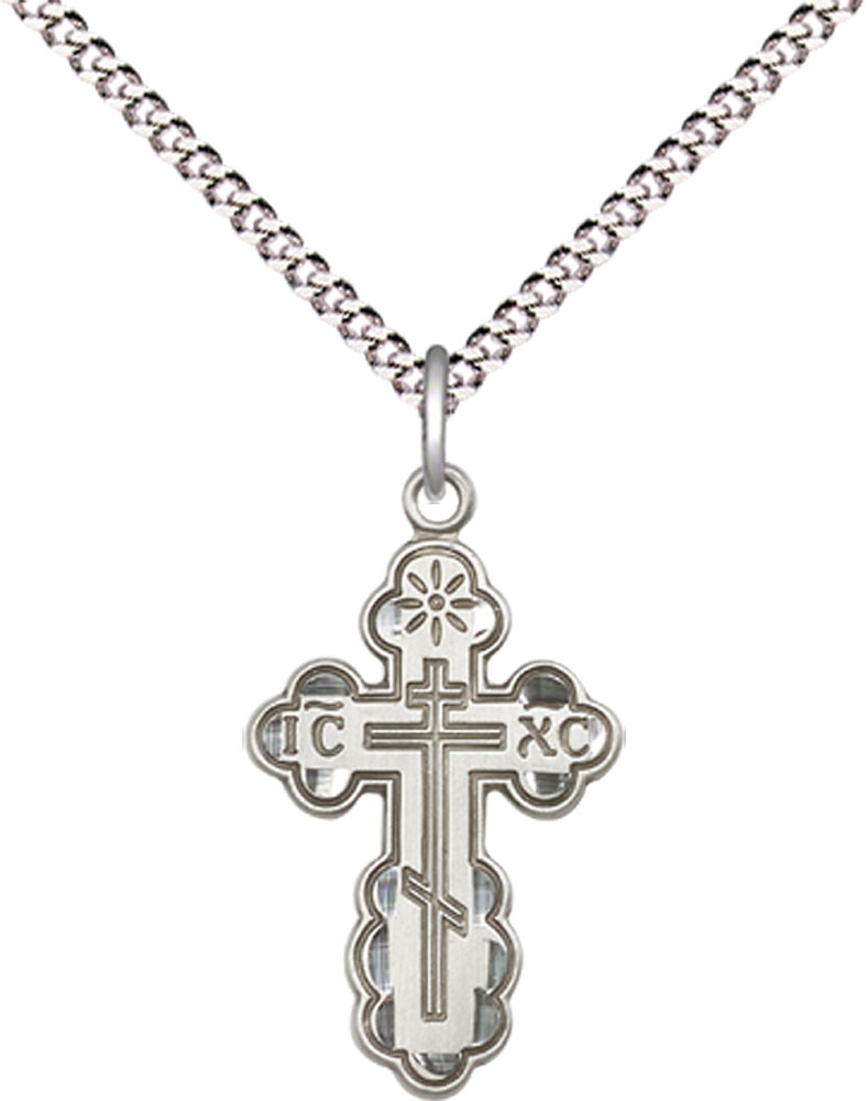 Sterling Silver Saint Olga Cross Pendant on a 18 inch Light Rhodium Light Curb chain