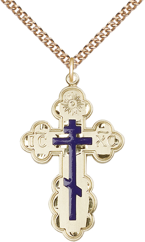 14kt Gold Filled Saint Olga Cross Pendant on a 24 inch Gold Filled Heavy Curb chain