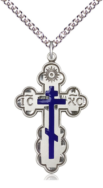 Sterling Silver Saint Olga Cross Pendant on a 24 inch Sterling Silver Heavy Curb chain