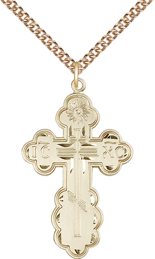 14kt Gold Filled Saint Olga Cross Pendant on a 24 inch Gold Filled Heavy Curb chain